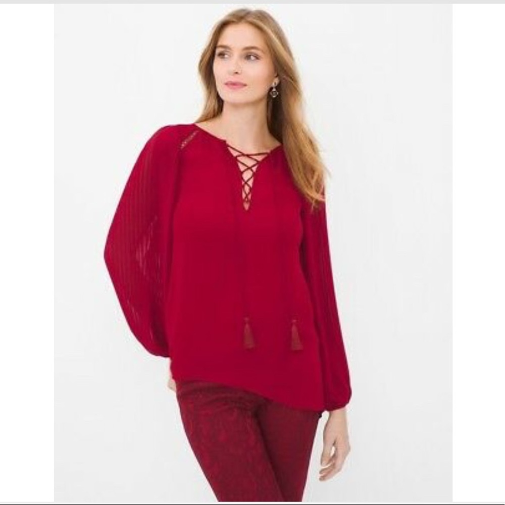 WHBM Long Sleeve Lace up blouse Maroon Siz…
